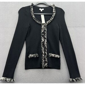 Cache Sweater Sz M Black Ribbed Zip Front Cardigan Jacket Tweed Fringe Trim